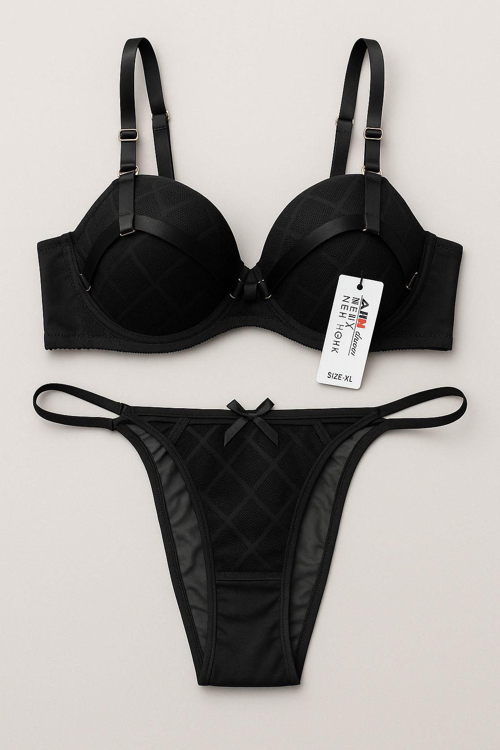 Sultry Strappy Lace Bra & Thong Set – Bold Elegance in Every Detail