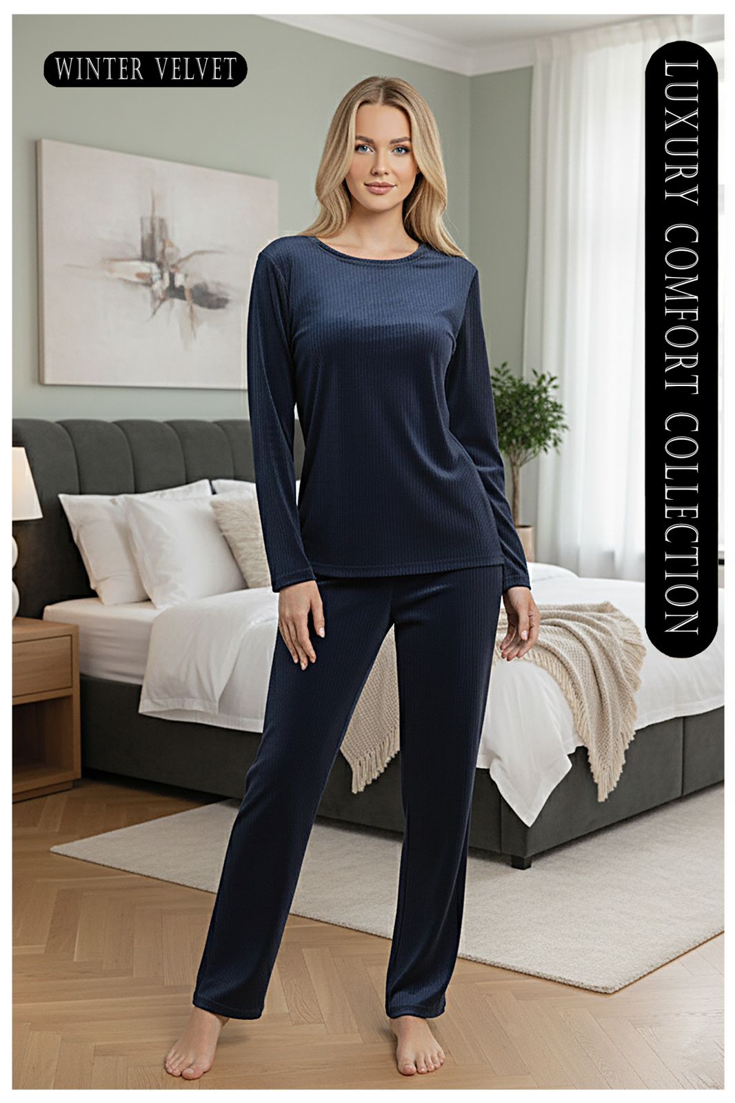Women’s Velvet Winter Lounge Set (Navy Blue)